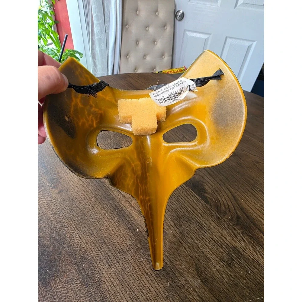 Black & Gold Crackle Plague Doctor Mask With Long Nose & Elastic Strap